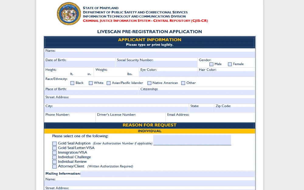 Maryland livescan application screenshot