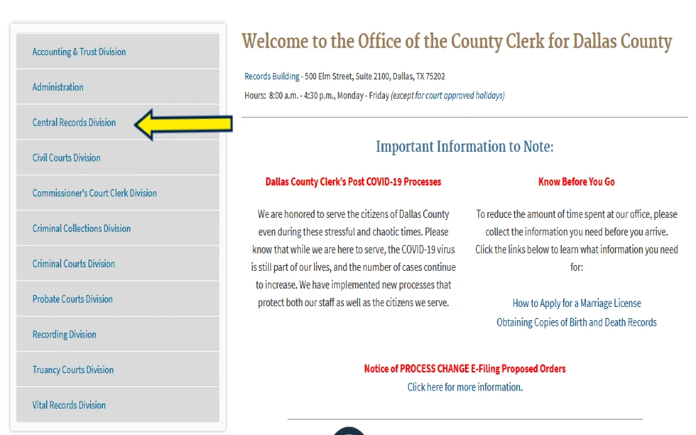 Dallas County Court Clerk website screenshot for caregiver screening. 