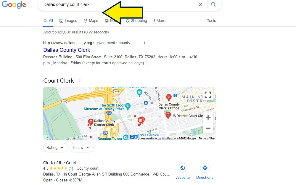 Dallas County Court Clerk google search screenshot with yellow arrow.