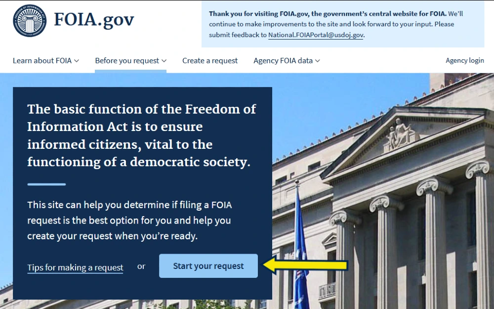 FOIA screenshot website, with arrow pointing to start your request button. 