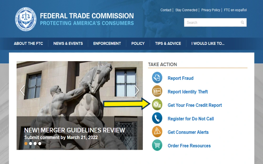 Screenshot of the Federal Trade Commission website with arrow pointing to get your free credit report. 