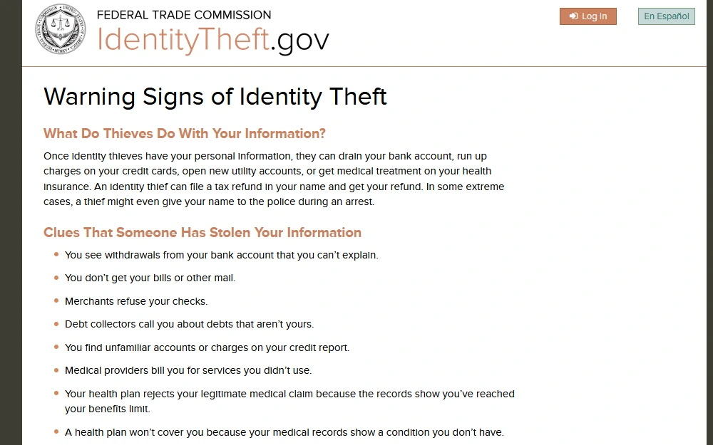 Federal Trade Commission screenshot for can you be charged with a crime without knowing by identity theft. 