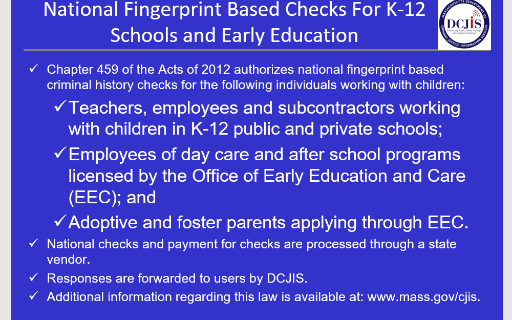 CORI fingerprint based Massachusetts background check for employment. 