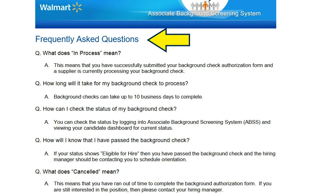 Screenshot of frequently asked questions about Walmart background check. 