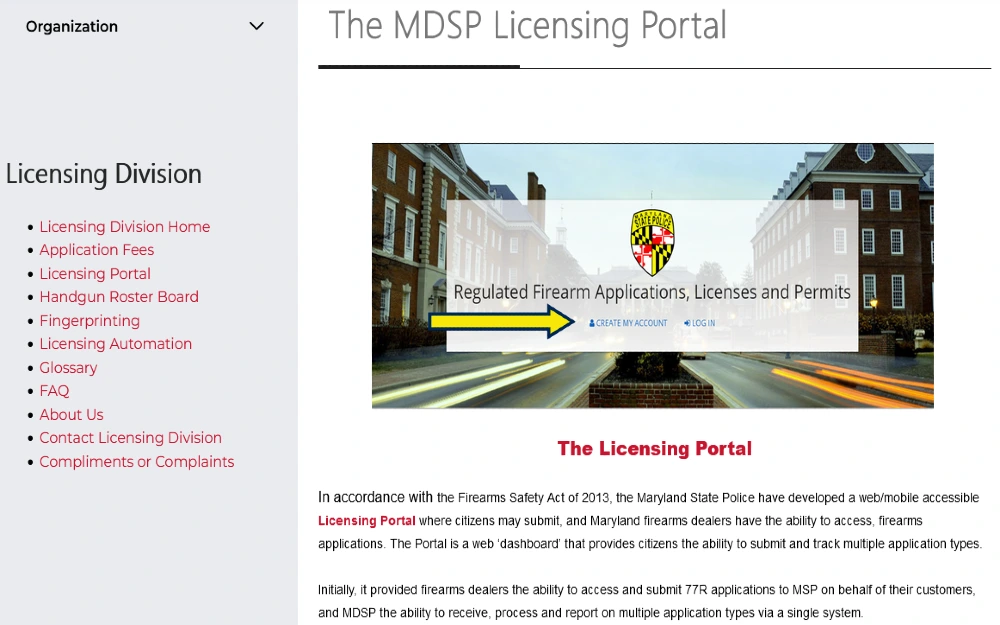 Maryland State Police Licensing portal screenshot with arrow pointing to create an account. 