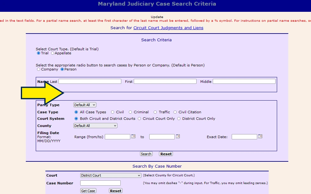 Criminal justice information system for background check Maryland records search screenshot. 