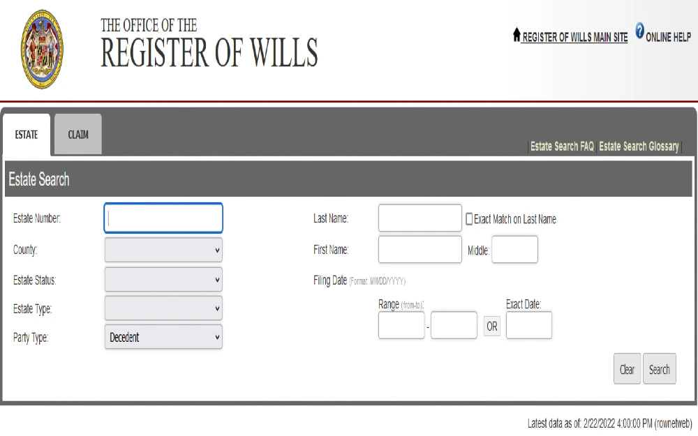 Maryland background check registar of wills screenshot search. 