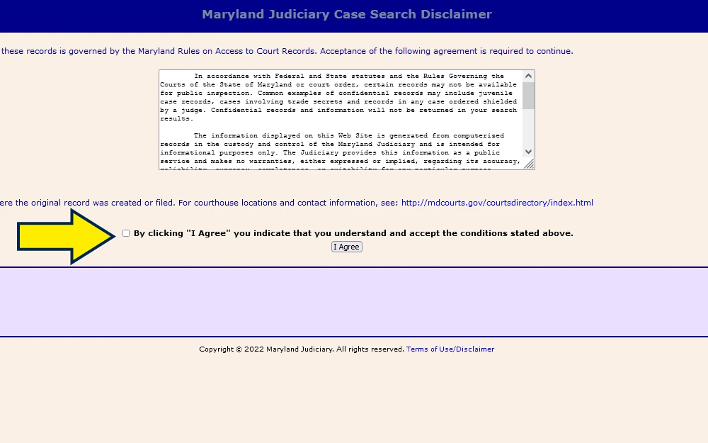 Screenshot of Background Check Maryland disclaimer agreement.
