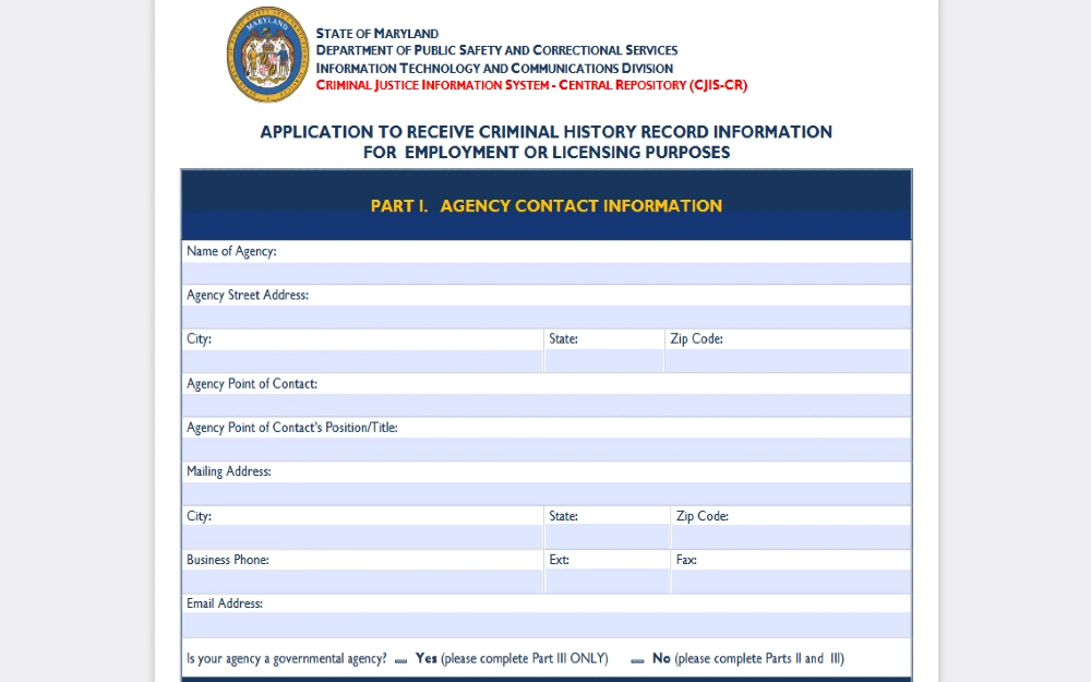 Screenshot of Maryland criminal background check application form for agencies and employment. 