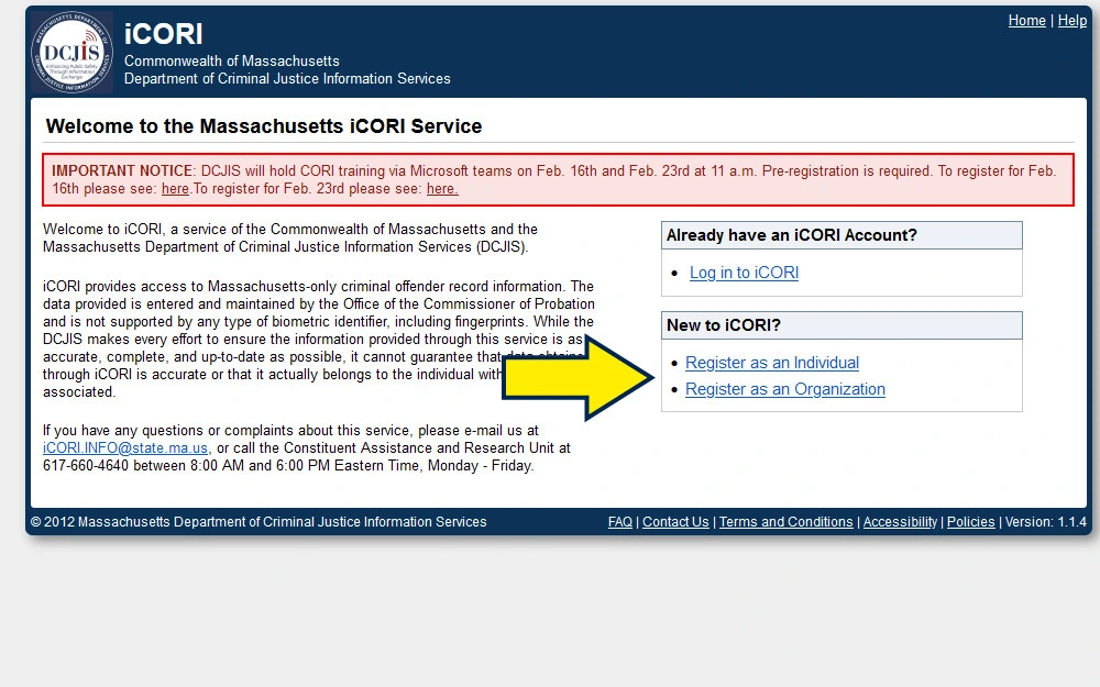 Screenshot for background check, Massachusetts CORI System. 