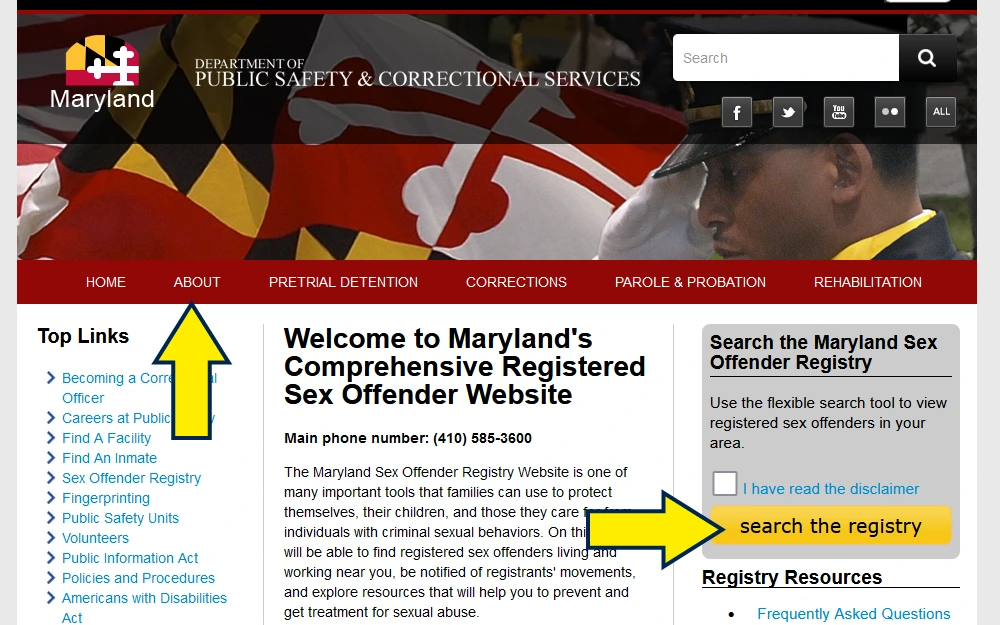 Screenshot of the Maryland Safety and Corrections Department website, with arrows pointing to the home link and sex offender registry. 