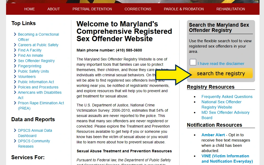 Screenshot Maryland sex offenders registry portal for employment background checks Maryland. 
