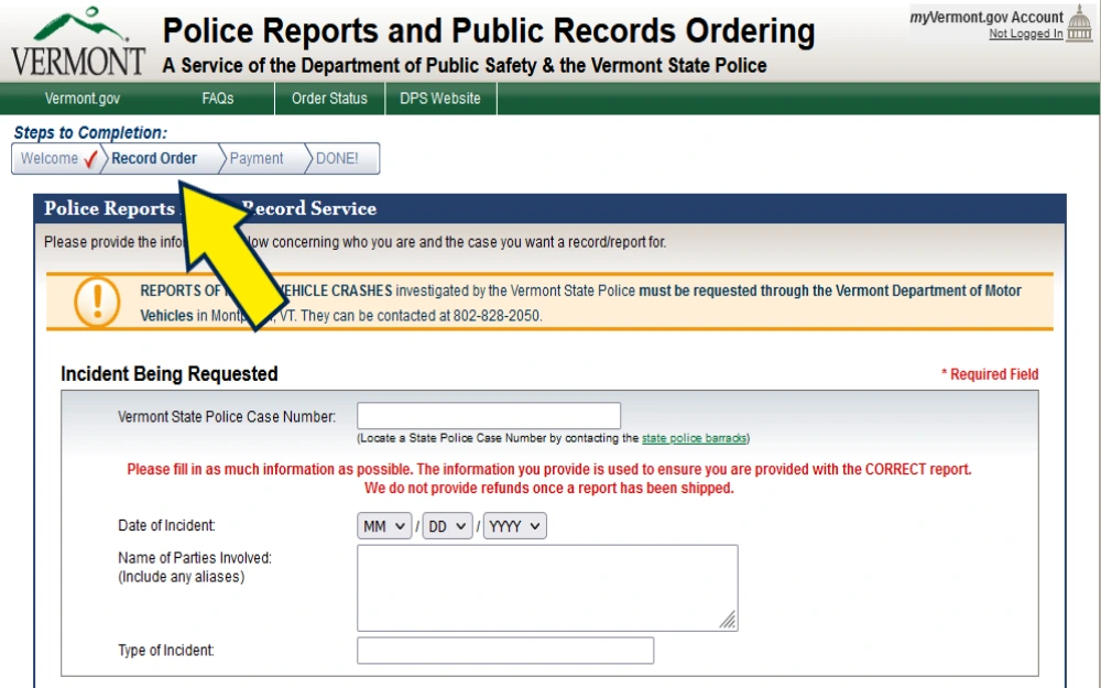 Screenshot of Vermont Police Reports and Publc records ordering portal. 
