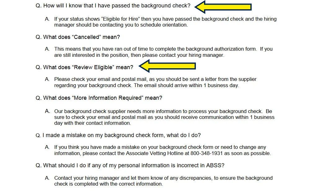 Frequently asked questions page screenshot with yellow arrows pointing to background check questions. 