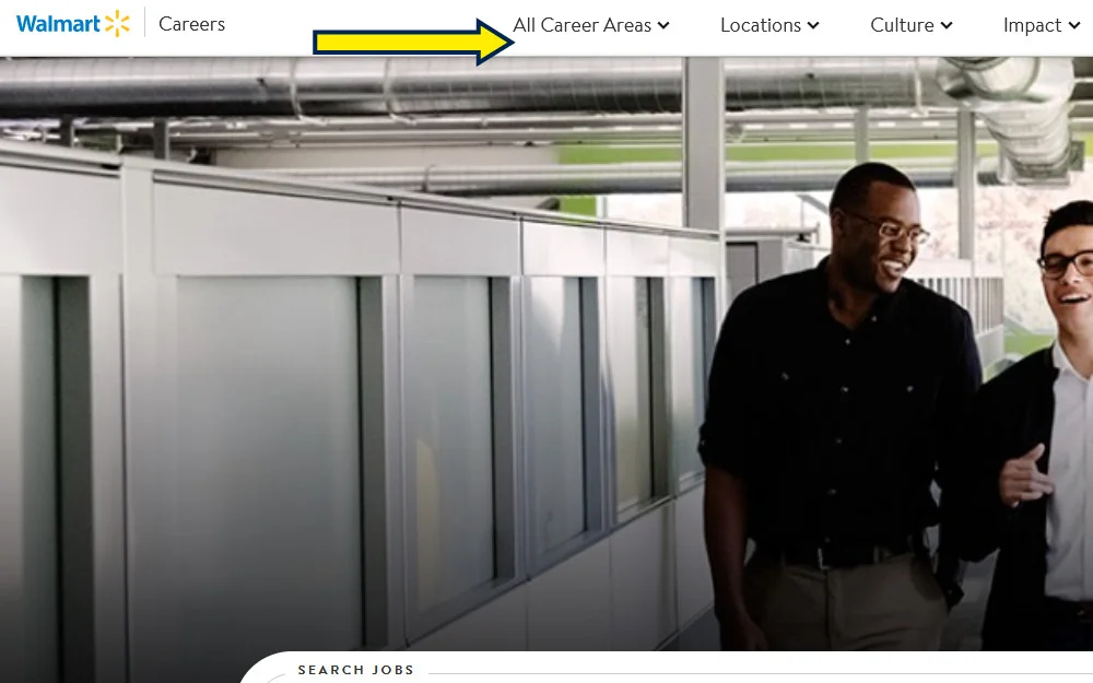 Screenshot of Walmart website showing two men on the left smiling and talking with a yellow arrow pointing to the menu item on how to apply for a job a walmart. 