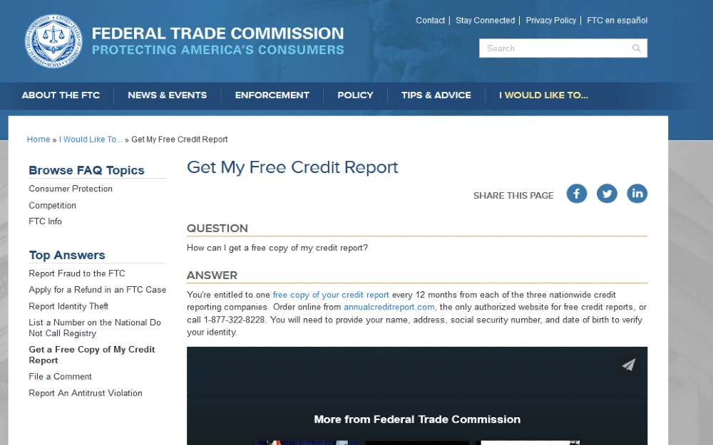 Screenshot from the Federal Trade Commission on instructions for getting a free credit report. 