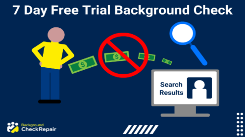 Man wearing a yellow shirt and blue jeans while trying to run a free background check that includes criminal records and arrests on the left searching a money trail that is blocked in the middle, indicating a free 7 day trial background check service option, with background search results showing on a computer screen on the right.