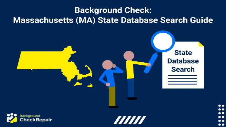 Massachusetts criminal records CORI check database document on the right with two men examining the Massachusetts case search results from a Massachusetts background check, Massachusetts state on the left.
