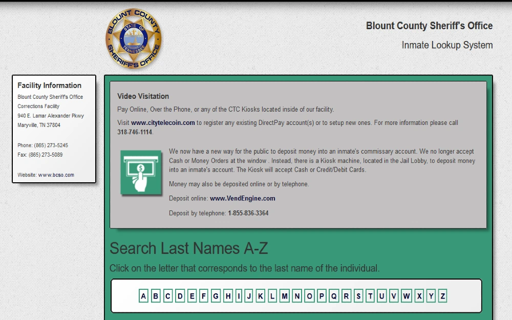 Blount County Sheriff's office inmate lookup screenshot. 