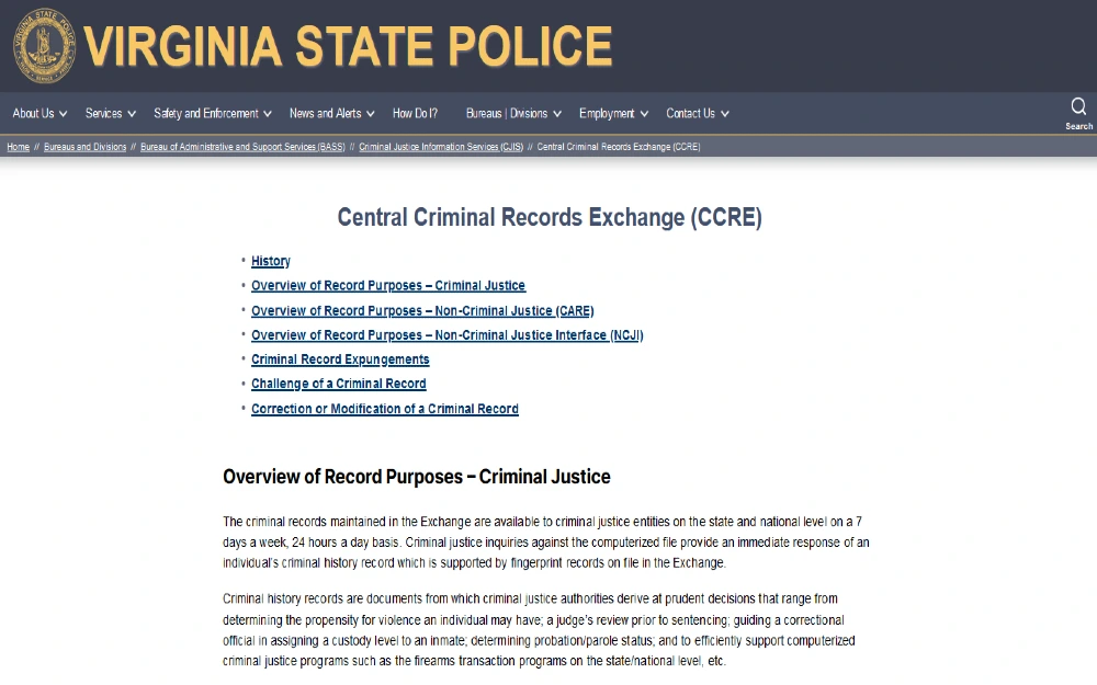Screenshot of the Virginia State police Central Criminal Records Exchange website