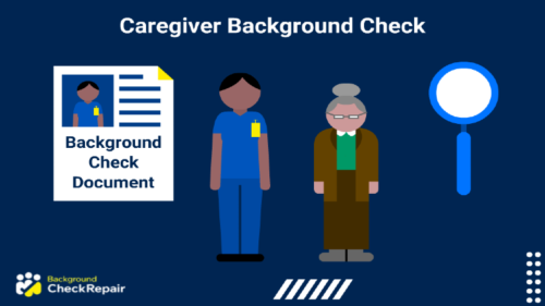 Caregiver background check document on the left, home care nurse wearing healthcare outfit standing next to an elderly female patient after having passed a nanny background check.