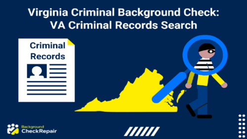 VA criminal records document on the right, while a background check magnifying glass searches the Virginia criminal records of an inmate with a criminal background check, Virginia state in the center.