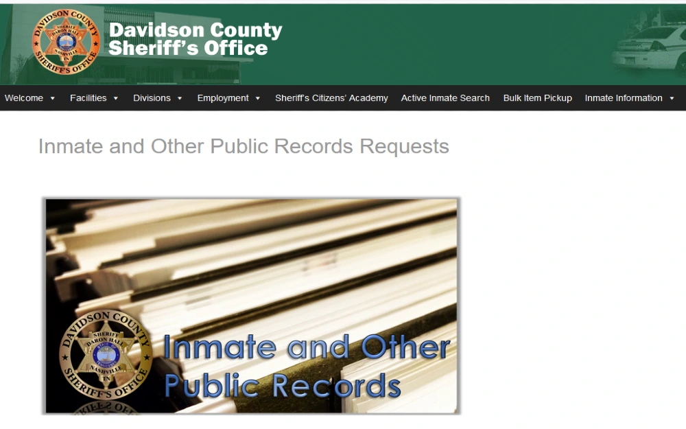 Davidson County Sheriff's office website screenshot for inmate and public records requests. 