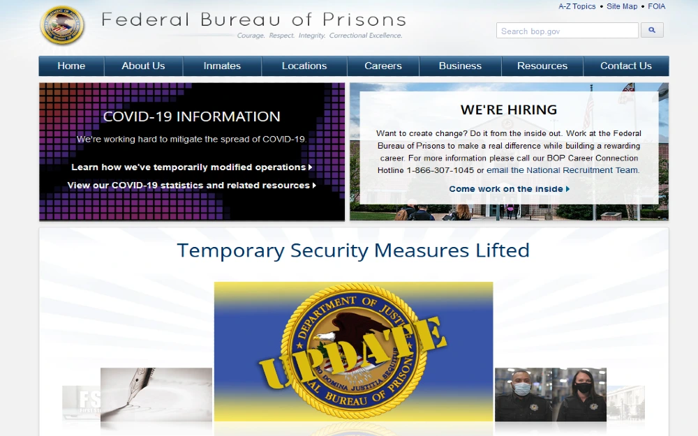 Screenshot of the Federal Bureau of Prisons website/ 