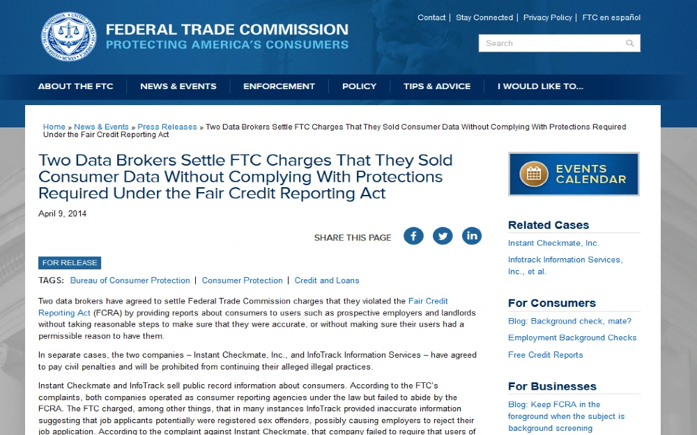 Federal trade Commission website screenshot, news story about free background check violations. 