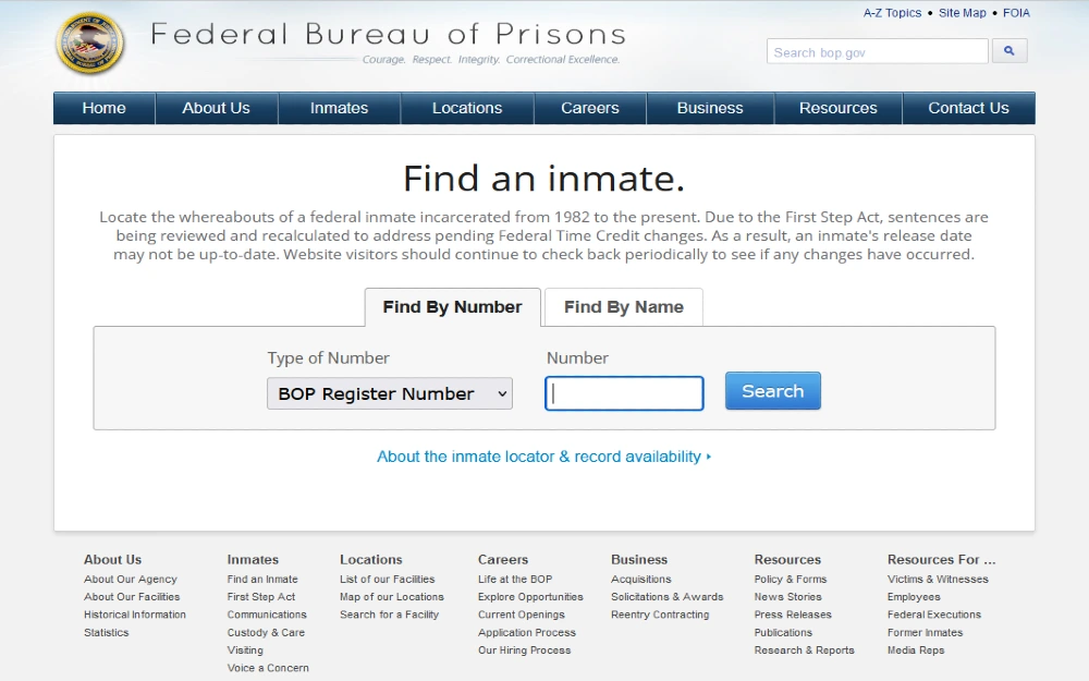 Find an inmate, inmate lookup screenshot fedeal bureau of prisons. 