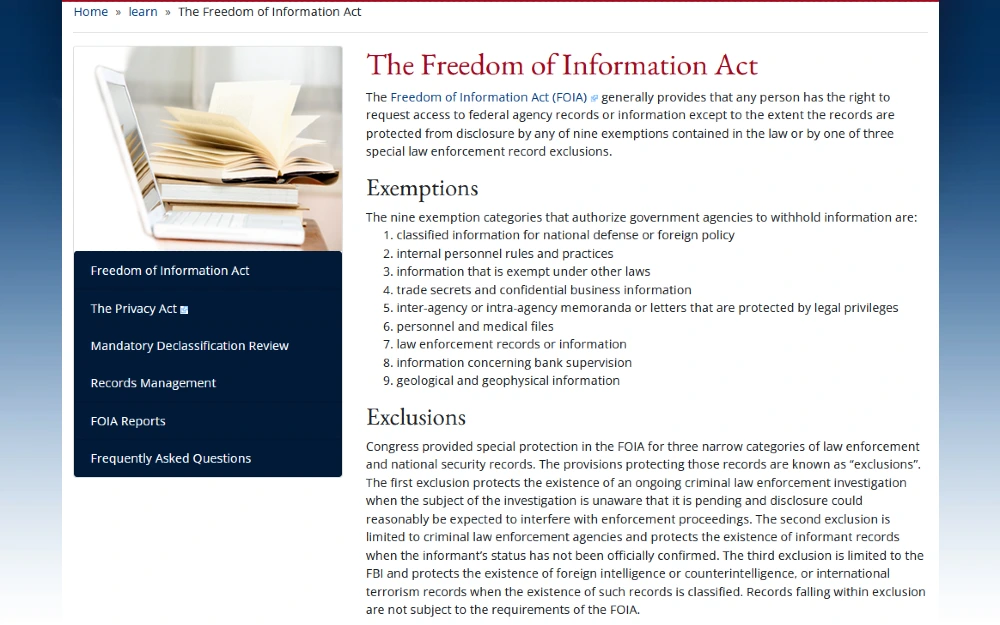Screenshot of the website explaining the Freedom of Information Act. 