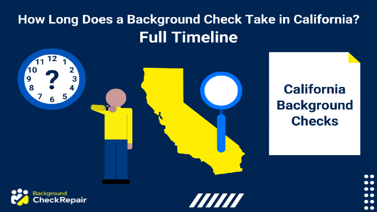 California Background check document on the right, with the state of California and a question mark on a clock to the left, with a man looking at his watch wondering how long does a background check take in California in the center as a CA background search is conducted.