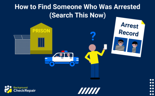 Man using a cell phone to search arrest records while reading how to do an inmate lookup search that includes mugshots and how to find someone who was arrested with an arrest record search on the right and a person arrested by the police going to prison after having a criminal record.