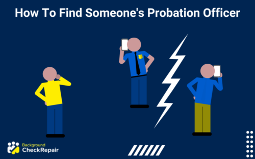 Man wondering how to find someone’s probation officer as another man searching for arrest records on the right is seen on the phone with a police officer in charge of criminal records to locate the probation officer.