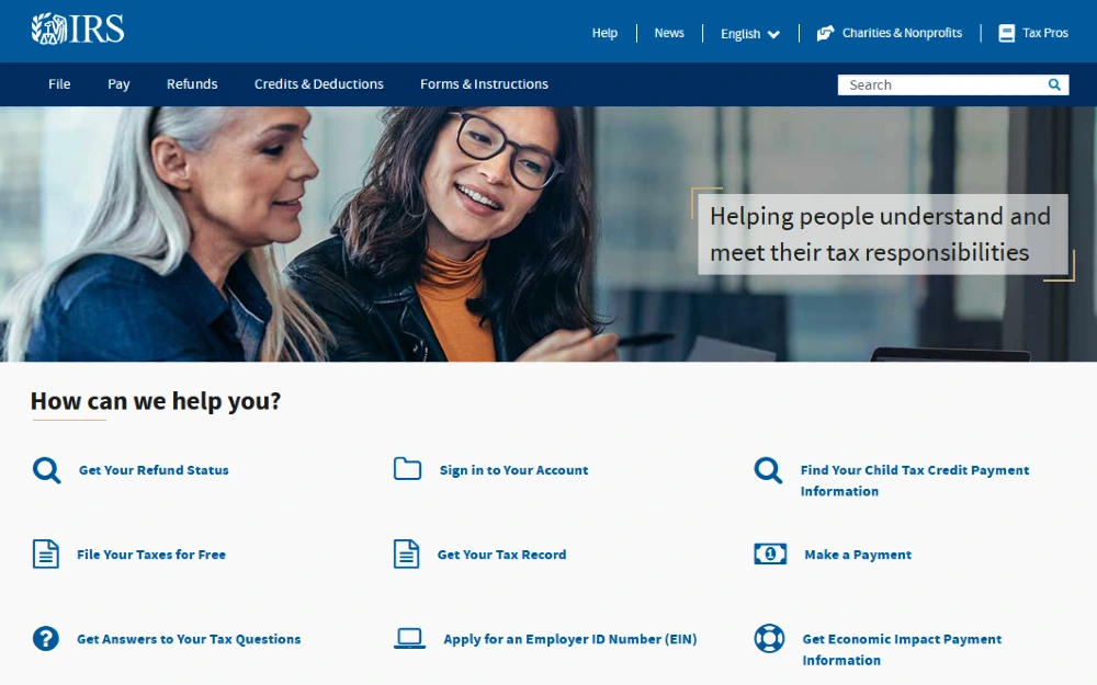 IRS website screenshot of user tools. 