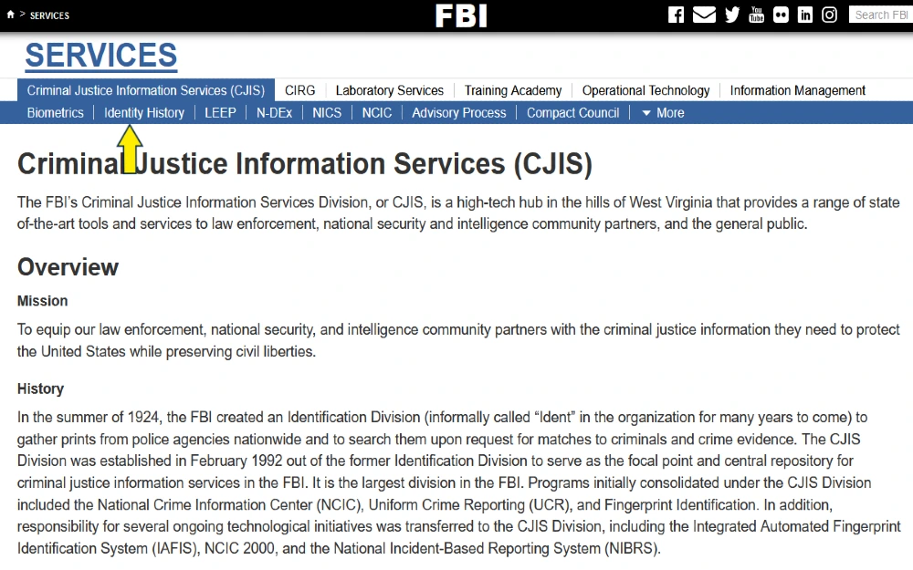 Screenshot of FBI criminal justice information services (CJIS) overview and mission. 