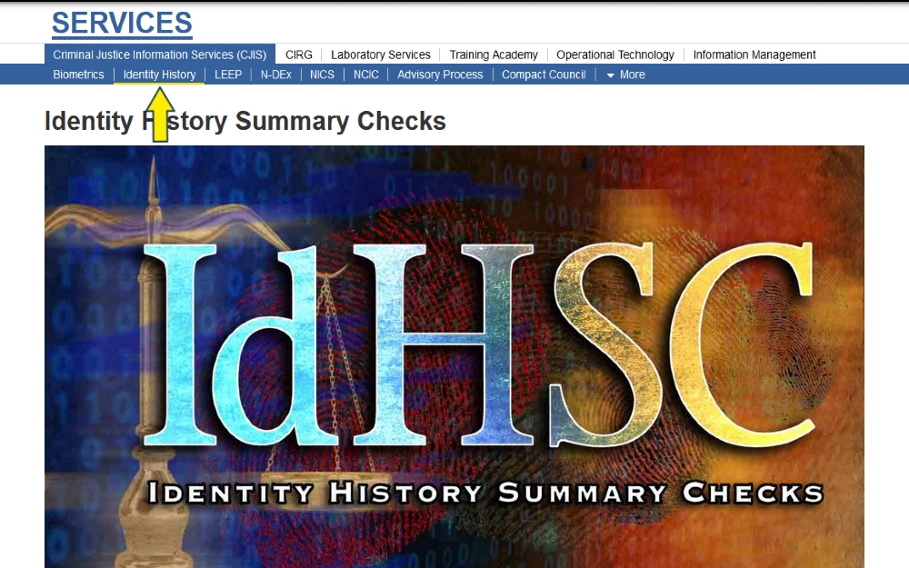 Identity History Summary Checks platform homepage screenshot. 