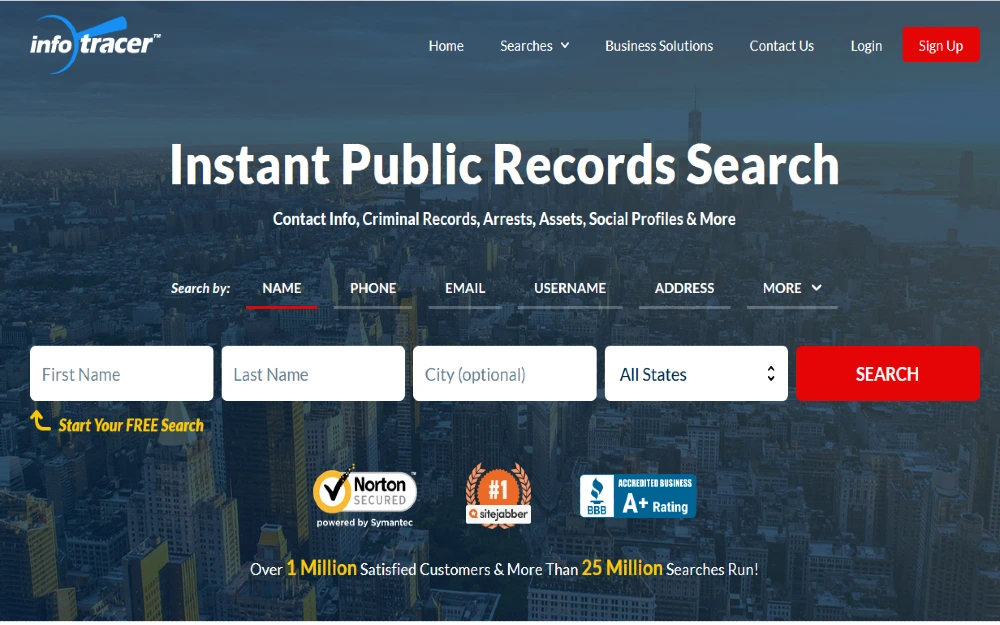 Screenshot of Infotracer instant public records search website. 