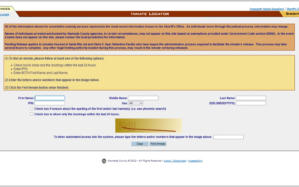 Inmate locator page screenshot for Alameda County, CA. 