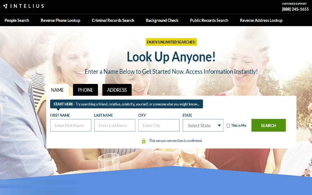 Screenshot Intelius home page for free background check. 