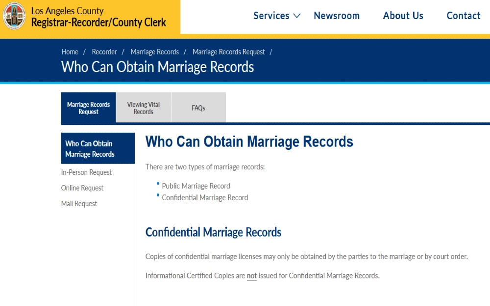 Los Angeles County Recorder website screenshot explaining how to do a background check on someone you're dating including obtaining marriage records