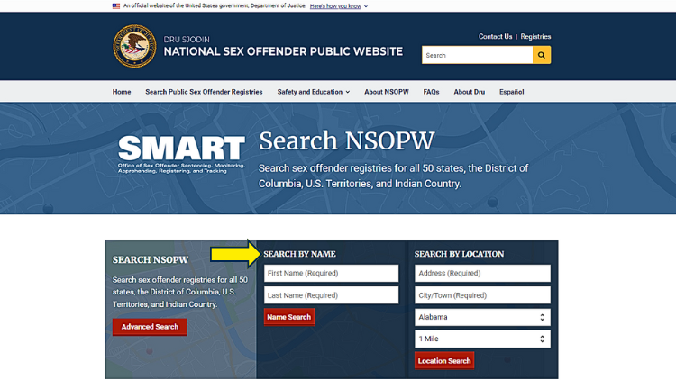 Screenshot of the National Sex Offender registry website, with yellow arrow pointing to seach feature. 