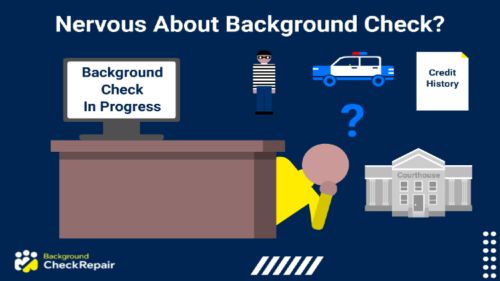 Person peeking out from behind a brown desk with a computer monitor that shows a background check in progress, questioning a police report and courthouse on the right demonstrating being nervous about background check results that show criminal records and arrests.