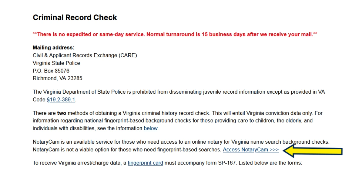 Screenshot of notarycam service in online Virginia background check. 