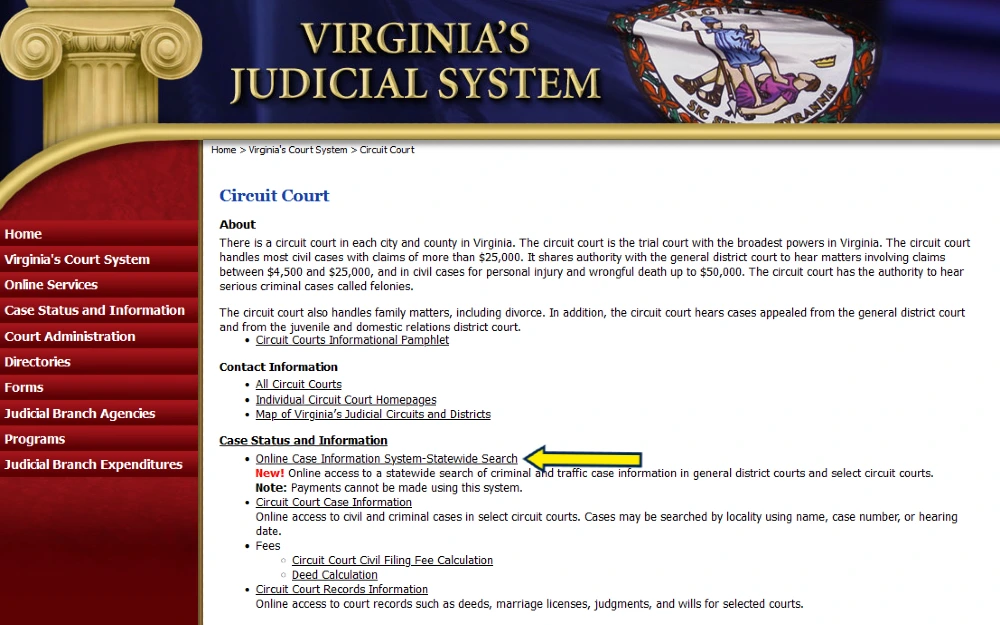Screenshot of Virginia Judicial System website with yellow arrow pointing to case lookup. 
