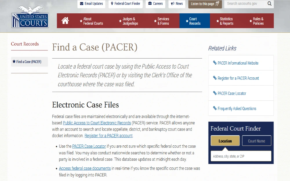 Screenshot of the PACER system webpage search tool. 