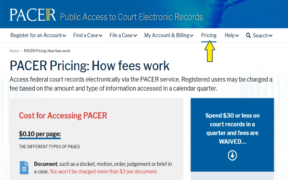 PACER website screenshot pricing model page