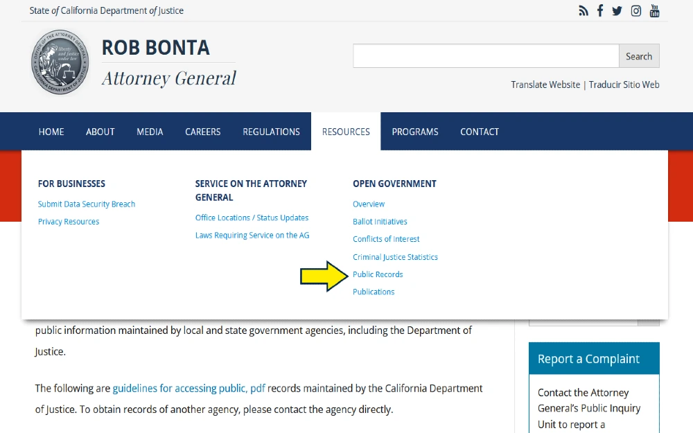 Screenshot of Rob Bonta Attorney General of California for finding free public records, California. 