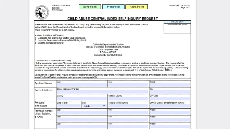 Screenshot of the California Child Abuse Central Index request form.