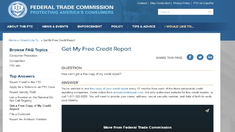 Screenshot from the Federal Trade Commission on instructions for getting a free credit report. 